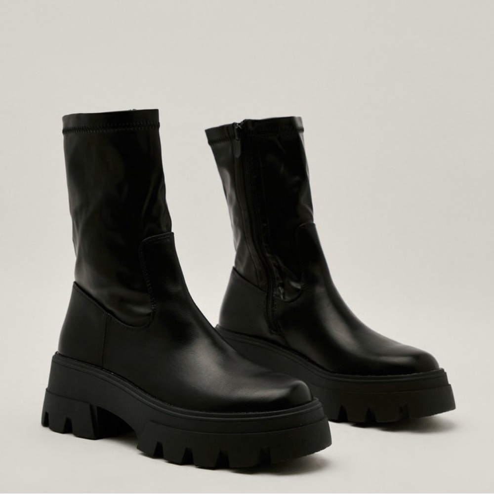 Nasty Gal Black Faux Leather Chunky Lugged Sock Boots